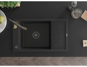 Mexen Elias, 1-komorový granitový drez 795x480x200 mm a drezová batéria Aster, čierna-strieborná metalíza, 6511-73-73450-57-B