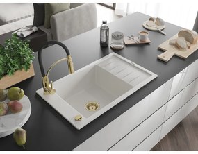 Mexen Elias, 1-komorový granitový drez 795x480x200 mm a drezová batéria Aster, biela, 6511-20-73450-57-G