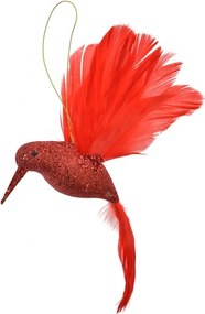 Červený závesný vtáčik kolibrík s pierkami a trblietkou - 22*5*15 cm