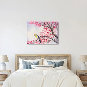 Sklenený obraz - Vtáčik na strome s červenými kvetmi (70x50 cm)