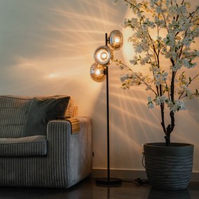 Stojaca lampa v štýle Art Deco čierna s dymovým sklom 3-svetlo - Ayesha