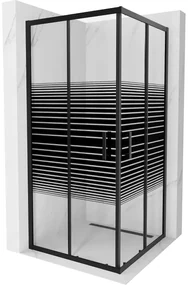 Mexen Rio, štvorcový sprchovací kút s posuvnými dverami 90(dvere) x 90(dvere) x 190 cm, 6mm číre sklo s pásikmi, čierny profil, 860-090-090-70-20