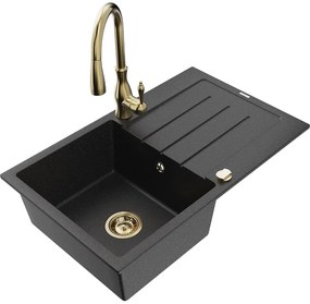 Mexen Bruno, 1-komorový granitový drez 795x495x200 mm a drezová batéria Savita, čierna-strieborná metalíza, 6513-73-672601-50