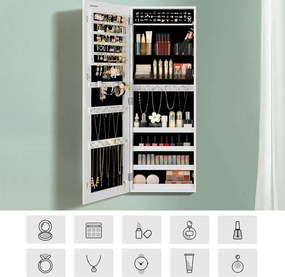 Skrinka na šperky, uzamykateľný nástenný organizér so zrkadlom, biely