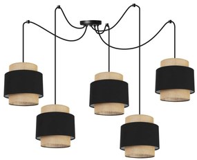 Závesné svietidlo Boho Spider, 5x jutové/čierne textilné tienidlo