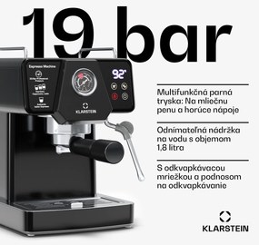 Klarstein Libeica pákový kávovar, 1350 W, 19 bar, dotykové ovládanie, nehrdzavejúca oceľ, ukazovateľ tlaku a teploty