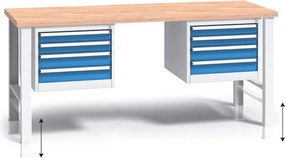 Výškovo nastaviteľný pracovný stôl do dielne G3 s 2 závesnými boxami na náradie, buková škárovka, 8 zásuviek, 2000 x 685 x 840 - 1050 mm, modrá