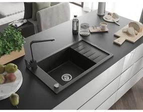 Mexen Elias, granitový drez granitový 795x480x200 mm, 1-komorový, čierna-zlatá metalíza s chrómovým sifónom a čierna drezová batéria Rita, 6511-75-670300-70