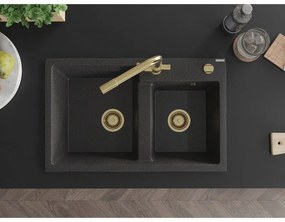 Mexen Tomas, granitový drez 800x500x190 mm, 2-komorový a zlatá batéria Duero, čierna škvrnitá, 6516-76-671600-50