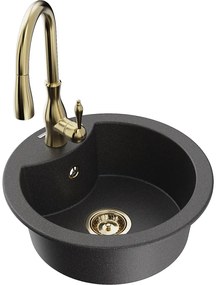 Mexen Diego, 1-komorový granitový drez 488x488x167 mm a drezová batéria Savita, čierna škvrtnitá, 6512-76-672601-50