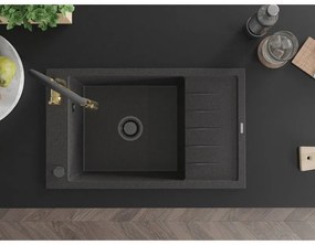 Mexen Elias, 1-komorový granitový drez 795x480x200 mm a drezová batéria Aster, čierna škvrnitá, 6511-76-73450-57-B