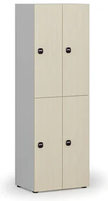Drevená šatníková skrinka s úložnými boxmi, 4 boxy, RFID zámok, sivá/breza