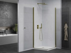 Mexen Pretoria Duo, sprchovací kút s 2-krídlovými dverami 70 (dvere) x 70 (dvere) cm, 6mm číre sklo, zlatý profil + slim sprchová vanička 5cm biela so zlatým sifónom, 852-070-070-50-02-4010G