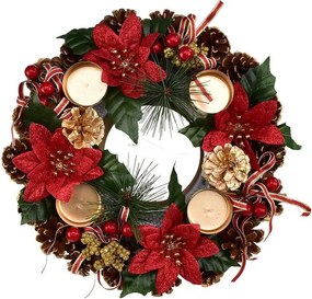 Adventný šiškový veniec POINSETTIA s mašľou 30 cm