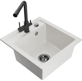 Mexen Vito, 1-komorový granitový drez 520x490x210 mm, čierna matná batéria Duero, biela, 6503-20-671600-70