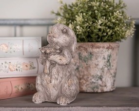 Šedá antik cementová dekorácia králik s kvetinou - 10*9*15 cm
