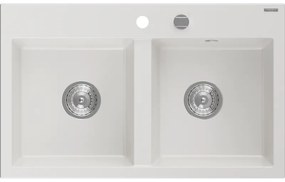 Mexen Hektor, 2-komorový granitový drez 800x480x205 mm, biela, chrómový sifón, 6521802000-20