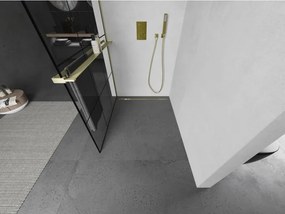 Mexen Kioto+ L, sprchová zástena Walk-In s poličkou a vešiakom 100 x 200 cm, 8mm číre sklo čierny vzor, zlatý matný profil, 800-100-123-55-77