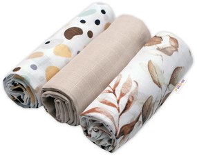 Mušelínové plienky 3ks Lux Baby Nellys - Eukalyptus, 70 x 80 cm, béžová/biela