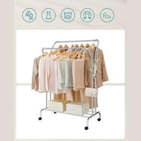 Stojan na šaty, s dvojitou tyčou a policou, kovový, strieborná farba