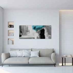 Obraz - Zamilovaný pár s dáždnikom, modrý (120x50 cm)