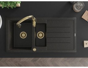 Mexen Andres, 1,5-komorový granitový drez 1000x500x200 mm a drezová batéria Savita, čierna-zlatá metalíza, 6515-75-672601-50