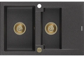 Mexen Gaspar, granitový drez 737x475x177 mm, 1,5-komorový, čierna škvrnitá so zlatým sifónom, 6507731505-76-G