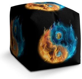 Taburet Cube ohnivé jin a jang, čierna