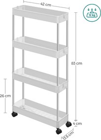 4-úrovňový výsuvný úzky vozík, regál na kolieskach, biely