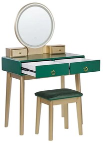 Toaletný stolík so 4 zásuvkami a LED zrkadlom zelená/zlatá FEDRY Beliani