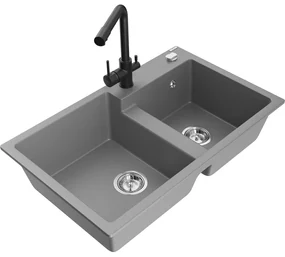 Mexen Tomas, granitový drez 800x500x190 mm, 2-komorový a čierna batéria Duero, šedá, 6516-71-671600-70