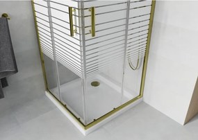 Mexen Rio, štvorcový sprchovací kút s posuvnými dverami 70(dvere) x 70(dvere) x 190 cm, 6mm číre sklo s pásikmi, zlatý profil + biela sprchová vanička SLIM, 860-070-070-50-20-4010G