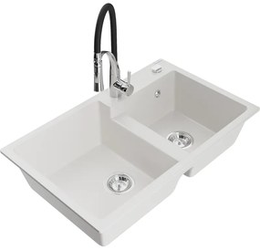 Mexen Tomas, 2-komorový granitový drez 800x500x190 mm a drezová batéria Aster, biela, 6516-20-73450-07