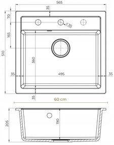 Sink Quality Ferrum, kuchynský granitový drez 565x510x205 mm + čierny sifón, biela, SKQ-FER.W.1K60.XB