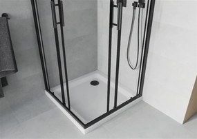 Mexen Rio, sprchovací kút s posuvnými dverami 90x90x190 cm, 6mm číre sklo, čierny profil, biela sprchová vanička SLIM, 860-090-090-70-00-4010
