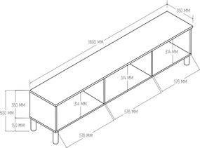 Moderný TV stolík s úložným priestorom - TV skrinka biela/dub s MDF membránovými dvierkami 180 cm