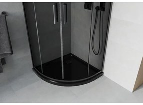 Mexen Rio, štvrťkruhový sprchovací kút s posuvnými dverami 80(dvere) x 80(dvere) x 190 cm, 6mm šedé sklo, čierny profil + čierna sprchová vanička SLIM, 863-080-080-70-40-4170B