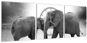 Obraz - čiernobiele slony (s hodinami) (90x30 cm)