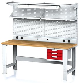 Alfa 3 Nastaviteľný dielenský stôl MECHANIC I + závesný box, nadstavba, polica, el. zásuvky a osvetlenie, 3 zásuvky, 2000x685x700-1055 mm, červené