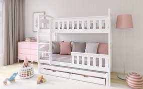 MAXMAX Detská poschodová posteľ z masívu HERMIONA s prístelkou a šuplíky - 200x90 cm - biela