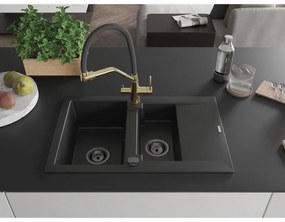 Mexen Gaspar, granitový drez 737x475x177 mm, 1,5-komorový a drezová batéria Duo, čierna, 6507-77-671701-57-B