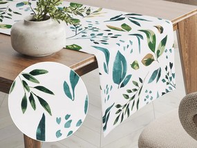 Biante Bavlnený behúň na stôl Sandra SA-434 Modro-zelené listy na bielom 35x140 cm