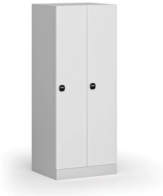 Šatníková skrinka znížená, 2 oddiely, 1500 x 600 x 500 mm, zámok s čítačkou RFID kariet, laminované dvere, biela