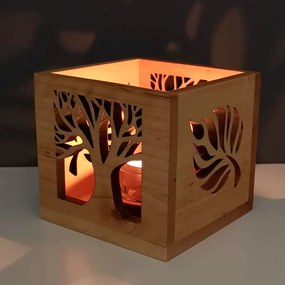 AMADEA Drevený svietnik kocky s motívom listu a stromu, masívne drevo, 10x10x10 cm