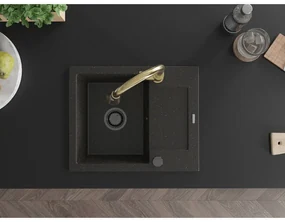 Mexen Enzo, 1-komorový granitový drez 576x465x174 mm a drezová batéria Elia, čierna-zlatá metalíza, 6506-75-670101-50-B