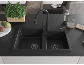 Mexen Tomas, 2-komorový granitový drez 800x500x190 mm a drezová batéria Elia, čierna, 6516-77-670101-70-B