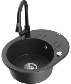 Mexen Kevin, 1-komorový granitový drez 586x458x190 mm a drezová batéria Elia, čierna škvrnitá, 6517-76-670101-70