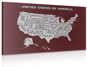 Obraz náučná mapa USA s bordovým pozadím - 120x80