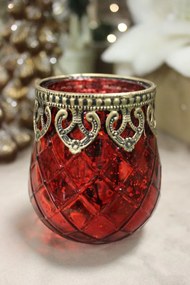 Červený sklenený svietnik s ornamentom 11cm
