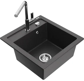 Mexen Vito, 1-komorový granitový drez 490x520x210 mm a drezová batéria Flora, čierna škvrnitá, 6503-76-670401-00